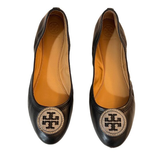 Tory Burch Liana Embellished Ballet Flats Black Leather Size 9 Rhineston… - Picture 1 of 13